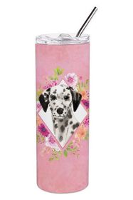 Dalmatian 1 Pink Flowers Stainless Steel Skinny Tumbler