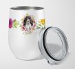 Cocker Spaniel - Black Parti - Pink Flowers Stainless Steel 12 oz Stemless Wine Glass