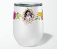Cocker Spaniel - Black Parti - Pink Flowers Stainless Steel 12 oz Stemless Wine Glass