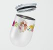 Cavalier King Charles Spaniel - Blenheim - Pink Flowers Stainless Steel 12 oz Stemless Wine Glass
