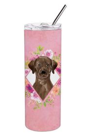 Labrador - Chocolate - Pink Flowers Stainless Steel Skinny Tumbler