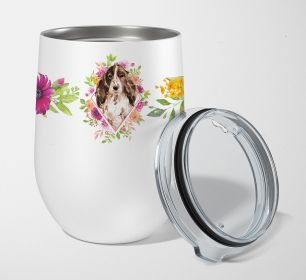 Cocker Spaniel - Brown Parti - Pink Flowers Stainless Steel 12 oz Stemless Wine Glass