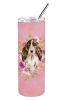 Cocker Spaniel - Brown Parti - Pink Flowers Stainless Steel Skinny Tumbler