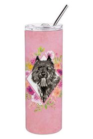 Bouvier des Flandres Pink Flowers Stainless Steel Skinny Tumbler
