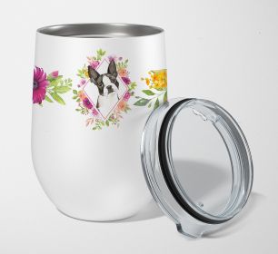 Boston Terrier Pink Flowers Stainless Steel 12 oz Stemless Wine Glass