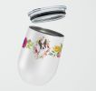 Boston Terrier Pink Flowers Stainless Steel 12 oz Stemless Wine Glass
