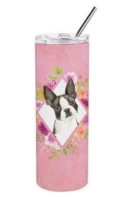 Boston Terrier Pink Flowers Stainless Steel Skinny Tumbler