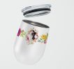 Border Collie Pink Flowers Stainless Steel 12 oz Stemless Wine Glass