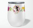 Border Collie Pink Flowers Stainless Steel 12 oz Stemless Wine Glass