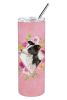 Border Collie Pink Flowers Stainless Steel Skinny Tumbler