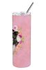 Border Collie Pink Flowers Stainless Steel Skinny Tumbler