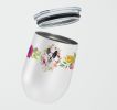 Frenchie - Black and White - Pink Flowers Stainless Steel 12 oz Stemless Wine Glass