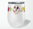 Frenchie - Black and White - Pink Flowers Stainless Steel 12 oz Stemless Wine Glass