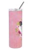 Frenchie - Black and White - Pink Flowers Stainless Steel Skinny Tumbler