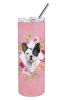 Frenchie - Black and White - Pink Flowers Stainless Steel Skinny Tumbler