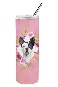 Frenchie - Black and White - Pink Flowers Stainless Steel Skinny Tumbler