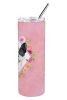 Frenchie - Black and White - Pink Flowers Stainless Steel Skinny Tumbler