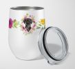 Labrador - Black - Pink Flowers Stainless Steel 12 oz Stemless Wine Glass