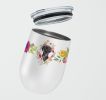 Labrador - Black - Pink Flowers Stainless Steel 12 oz Stemless Wine Glass