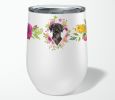 Labrador - Black - Pink Flowers Stainless Steel 12 oz Stemless Wine Glass