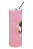 Labrador - Black - Pink Flowers Stainless Steel Skinny Tumbler