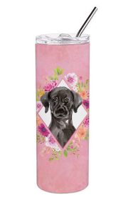 Labrador - Black - Pink Flowers Stainless Steel Skinny Tumbler