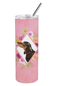 Dachshund - Black and Tan - Pink Flowers Stainless Steel Skinny Tumbler