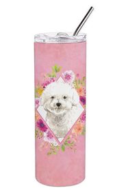 Bichon Frise Pink Flowers Stainless Steel Skinny Tumbler