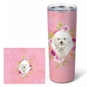 Bichon Frise Pink Flowers Stainless Steel Skinny Tumbler