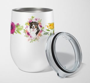 Bernese Mountain Dog Pink Flowers Stainless Steel 12 oz Stemless Wine Glass