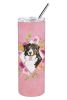 Bernese Mountain Dog 1 Pink Flowers Stainless Steel Skinny Tumbler