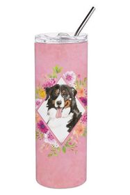 Bernese Mountain Dog 1 Pink Flowers Stainless Steel Skinny Tumbler