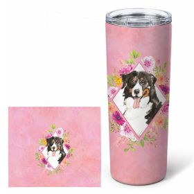 Bernese Mountain Dog 1 Pink Flowers Stainless Steel Skinny Tumbler
