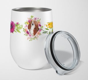 Basset Hound Pink Flowers Stainless Steel 12 oz Stemless Wine Glass