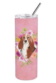 Basset Hound 1 Pink Flowers Stainless Steel Skinny Tumbler