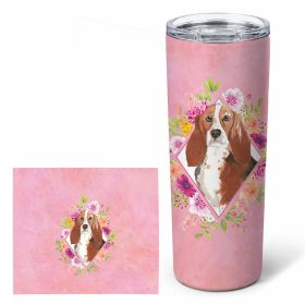 Basset Hound 1 Pink Flowers Stainless Steel Skinny Tumbler