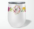 Pit Bull Terrier - White - Pink Flowers Stainless Steel 12 oz Stemless Wine Glass