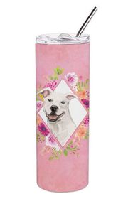 Pit Bull Terrier - White - Pink Flowers Stainless Steel Skinny Tumbler