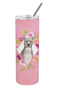 Pit Bull Terrier - Blue - Pink Flowers Stainless Steel Skinny Tumbler