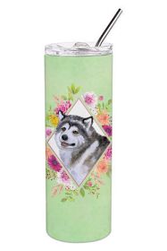 Alaskan Malamute Green Flowers Stainless Steel Skinny Tumbler