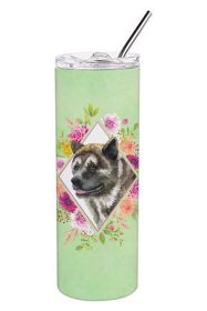 Akita 1 Green Flowers Stainless Steel Skinny Tumbler