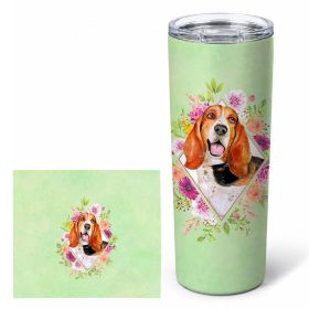Basset Hound Green Flowers Stainless Steel Skinny Tumbler