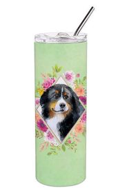Bernese Mountain Dog Green Flowers Stainless Steel Skinny Tumbler