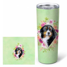 Bernese Mountain Dog Green Flowers Stainless Steel Skinny Tumbler