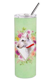Bull Terrier 1 Green Flowers Stainless Steel Skinny Tumbler