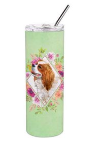 Cavalier King Charles Spaniel Green Flowers Stainless Steel Skinny Tumbler