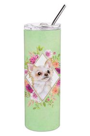 Chihuahua - Longhair - Green Flowers Stainless Steel Skinny Tumbler