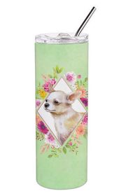 Chihuahua #2 Green Flowers Stainless Steel Skinny Tumbler