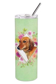 Dachshund - Red #1 - Green Flowers Stainless Steel Skinny Tumbler