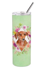 Dachshund - Red #2 - Green Flowers Stainless Steel Skinny Tumbler
